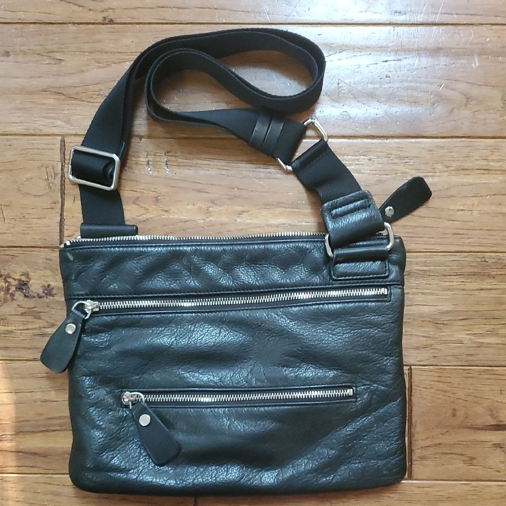 Margot Three Zip Black Leather Crossbody Bag